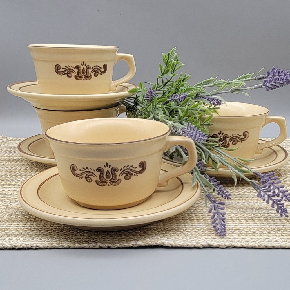 Vintage Pfaltzgraff USA Village Pattern Stoneware Flat Cup & Saucer Set